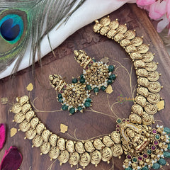 Vriksham Lakshmi Pendant Short Kaasumala-Lakshmi Coin Neckpiece-Pastel Green Bead-G18142