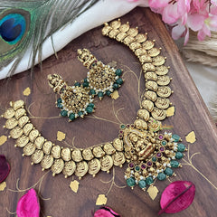 Vriksham Lakshmi Pendant Short Kaasumala-Lakshmi Coin Neckpiece-Pastel Green Bead-G18142