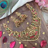 Vriksham Gold Look Alike Lakshmi Peacock Short Neckpiece-Red Green-Gold Bead-G18145