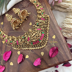 Vriksham Gold Look Alike Lakshmi Peacock Short Neckpiece-Red Green-Gold Bead-G18145