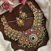 Elegant Precious Kemp Peacock Short Neckpiece-Green Beads-Pearls-G12714