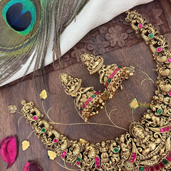 Vriksham Gold Look Alike Lakshmi Peacock Short Neckpiece-Red Green-Gold Bead-G18145