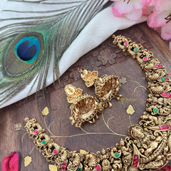 Vriksham Gold Look Alike Lakshmi Peacock Short Neckpiece-Red Green-Gold Bead-G18145