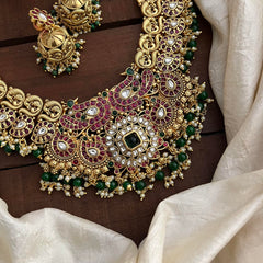 Elegant Precious Kemp Peacock Short Neckpiece-Green Beads-Pearls-G12714