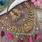 Vriksham Gold Look Alike Lakshmi Peacock Short Neckpiece-Red Green-Pastel Green Bead-G18144