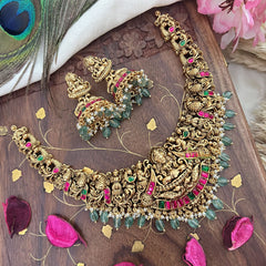 Vriksham Gold Look Alike Lakshmi Peacock Short Neckpiece-Red Green-Pastel Green Bead-G18144