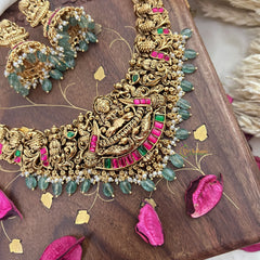 Vriksham Gold Look Alike Lakshmi Peacock Short Neckpiece-Red Green-Pastel Green Bead-G18144
