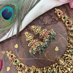 Vriksham Gold Look Alike Lakshmi Peacock Short Neckpiece-Red Green-Pastel Green Bead-G18144