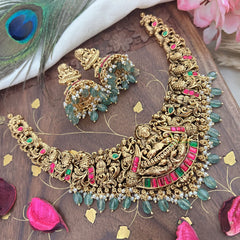 Vriksham Gold Look Alike Lakshmi Peacock Short Neckpiece-Red Green-Pastel Green Bead-G18144