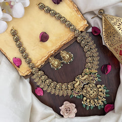 Vriksham Dual Peacock Lakshmi Pendant Long Neckpiece-Pastel Green Bead-G17870