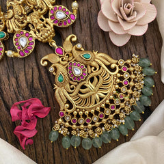 Vriksham Dual Peacock Jadau Kundan Neckpiece-Green Bead-J2572