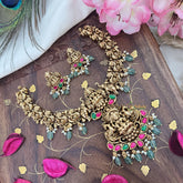 Vriksham Lakshmi Dual Peacock Pendant Short Neckpiece-Red Green-Pastel Green Bead-G18078