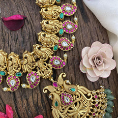 Vriksham Dual Peacock Jadau Kundan Neckpiece-Green Bead-J2572