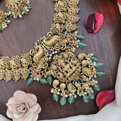 Vriksham Dual Peacock Lakshmi Pendant Long Neckpiece-Pastel Green Bead-G17870