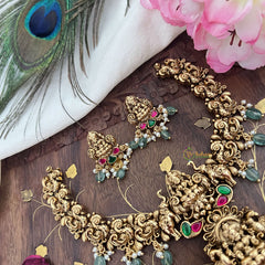 Vriksham Lakshmi Dual Peacock Pendant Short Neckpiece-Red Green-Pastel Green Bead-G18078