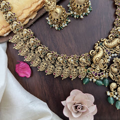 Vriksham Dual Peacock Lakshmi Pendant Long Neckpiece-Pastel Green Bead-G17870