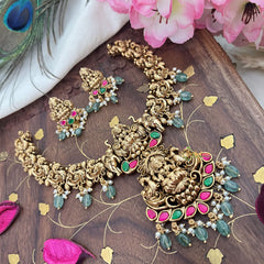 Vriksham Lakshmi Dual Peacock Pendant Short Neckpiece-Red Green-Pastel Green Bead-G18078