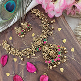 Vriksham Lakshmi Dual Peacock Pendant Short Neckpiece-Red Green-Gold Bead-G18077