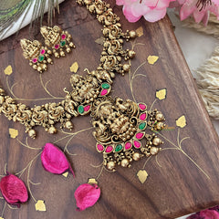 Vriksham Lakshmi Dual Peacock Pendant Short Neckpiece-Red Green-Gold Bead-G18077