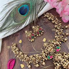 Vriksham Lakshmi Dual Peacock Pendant Short Neckpiece-Red Green-Gold Bead-G18077