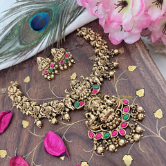 Vriksham Lakshmi Dual Peacock Pendant Short Neckpiece-Red Green-Gold Bead-G18077