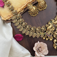 Vriksham Dual Peacock Lakshmi Pendant Long Neckpiece-Gold Bead-G17871