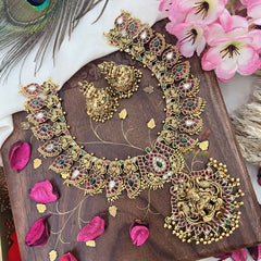 Vriksham Lakshmi Dual Peacock Pendant Maanga Short Neckpiece-Red-Gold Bead-G18076