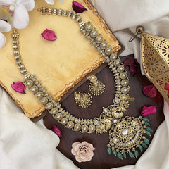 Vriksham Dual Peacock Maanga Long Neckpiece-White-Pastel Green Bead-G17872