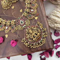 Vriksham Lakshmi Dual Peacock Pendant Maanga Short Neckpiece-Red-Gold Bead-G18076