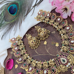 Vriksham Lakshmi Dual Peacock Pendant Maanga Short Neckpiece-Red-Gold Bead-G18076