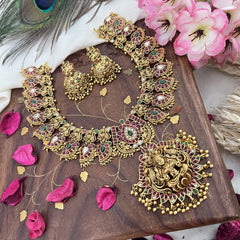 Vriksham Lakshmi Dual Peacock Pendant Maanga Short Neckpiece-Red-Gold Bead-G18076