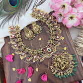 Vriksham Lakshmi Dual Peacock Pendant Maanga Short Neckpiece-Red-Pastel Green Bead-G18075