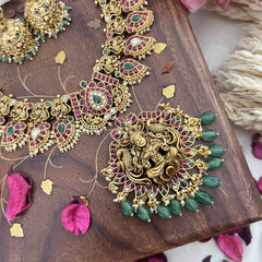 Vriksham Lakshmi Dual Peacock Pendant Maanga Short Neckpiece-Red-Pastel Green Bead-G18075