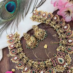 Vriksham Lakshmi Dual Peacock Pendant Maanga Short Neckpiece-Red-Pastel Green Bead-G18075