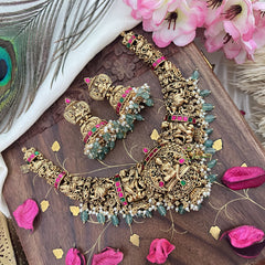 Vriksham Gold Look Alike Lakshmi Pendant Short Neckpiece-Pastel Green Bead-G18079