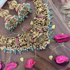 Vriksham Gold Look Alike Lakshmi Pendant Short Neckpiece-Pastel Green Bead-G18079