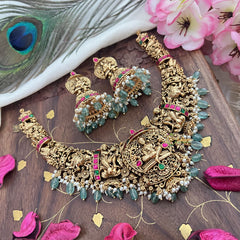 Vriksham Gold Look Alike Lakshmi Pendant Short Neckpiece-Pastel Green Bead-G18079