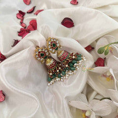 Vriksham Lotus Style Jadau Kundan Jhumka-Red White & Green-Rice Pearls-J3588