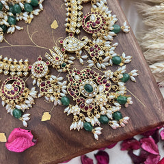 Vriksham Exquisite Nita Ambani Style Short Guttapusalu Neckpiece-Rice Pearls-Green Beads-G18149