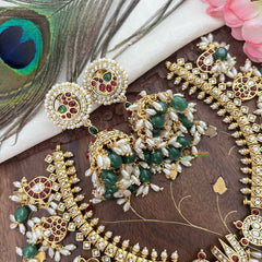 Vriksham Exquisite Nita Ambani Style Short Guttapusalu Neckpiece-Rice Pearls-Green Beads-G18149