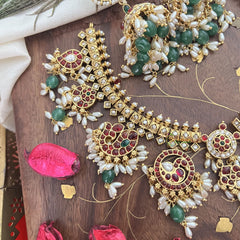 Vriksham Exquisite Nita Ambani Style Short Guttapusalu Neckpiece-Rice Pearls-Green Beads-G18149
