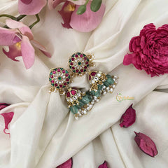 Vriksham Floral Kundan Jadau Jhumka-Green Bead-Rice Pearls-J3591