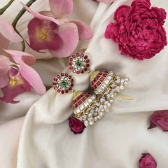 Vriksham Floral Stud With Red Checkered Dome Jhumkas & Pearl Tassels-J3592