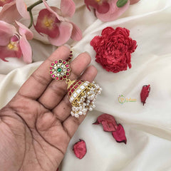 Vriksham Floral Stud With Red Checkered Dome Jhumkas & Pearl Tassels-J3592