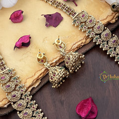 Vriksham Dual Peacock Maanga Long Neckpiece-Red Green-Gold Bead-G17873