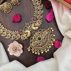 Vriksham Dual Peacock Maanga Long Neckpiece-Red Green-Gold Bead-G17873