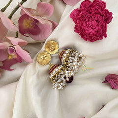 Vriksham Floral Stud With Red Checkered Dome Jhumkas & Pearl Tassels-J3592
