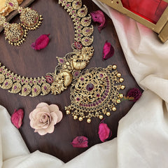 Vriksham Dual Peacock Maanga Long Neckpiece-Red-Gold Bead-G17874