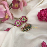 Vriksham Round Floral Kundan Jadau Jhumkas-Green Bead-J3594