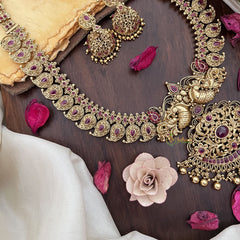 Vriksham Dual Peacock Maanga Long Neckpiece-Red-Gold Bead-G17874